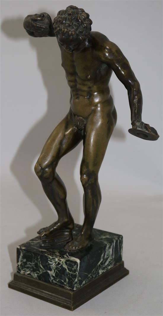 After the Antique. A 19th century bronze figure of a dancing faun, 12.75in.